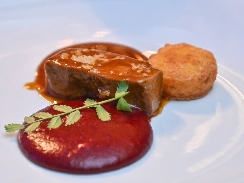 Octavium slow cooked milk fed veal cheek (polenta beetroot balsamico sauce)