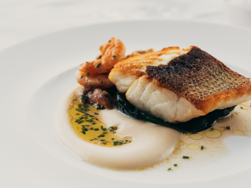 Harbourside Grill - Seared sea bass, cauliflower purée, shellfish vinaigrette